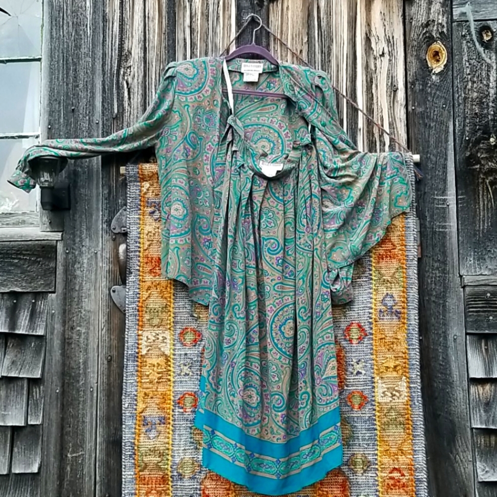 Vintage Jeannene Booher - Maggy London Pure Silk Dkirt + Blouse 2 piece SET L
